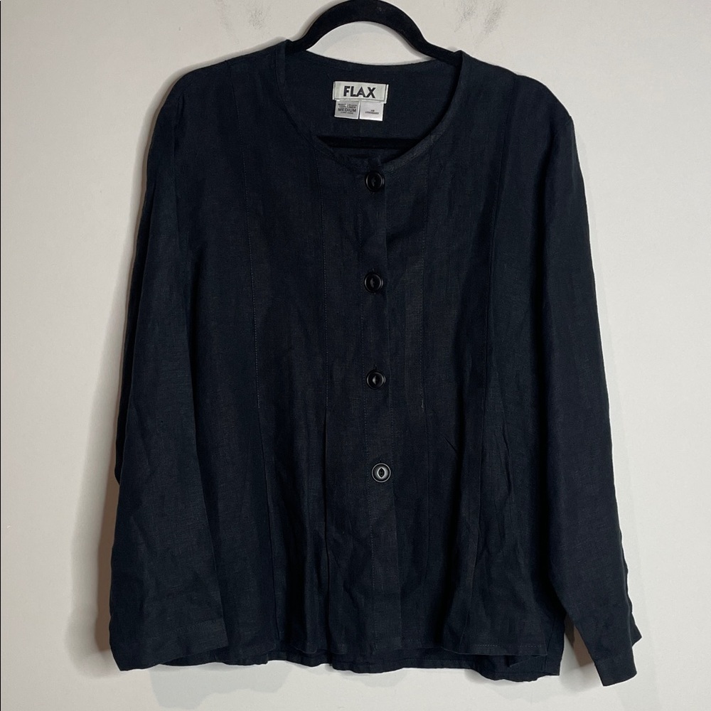 Flax | Women’s Lagenlook Black Button Down 100% Linen Top Size Medium